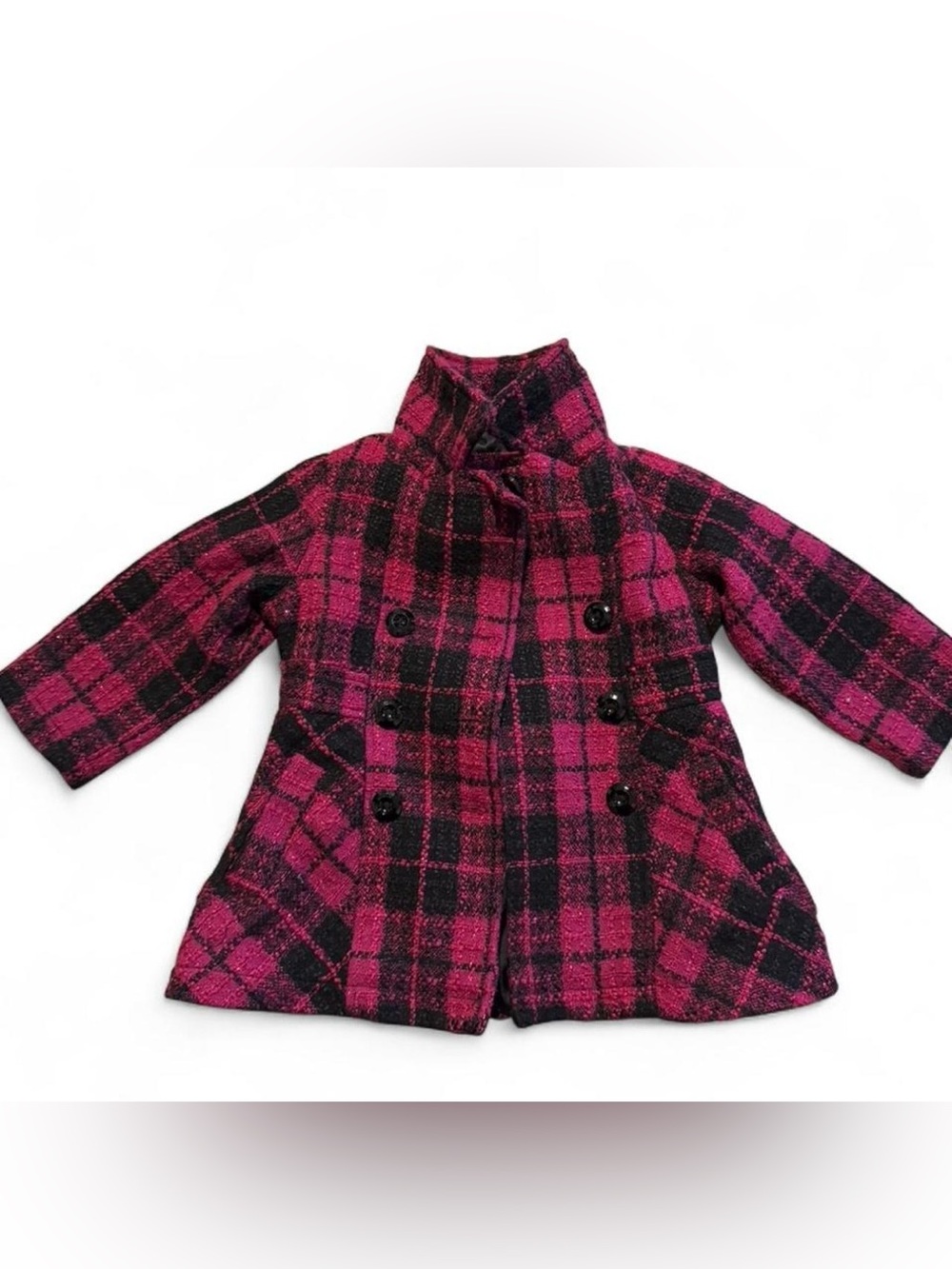London Fog Girls Magenta and Black Plaid Pea Coat